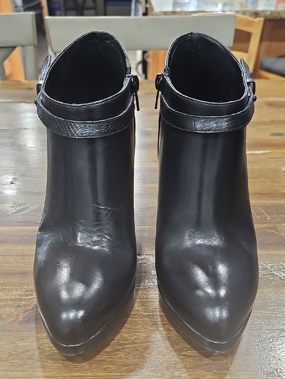Jonak Paris Pointed Black Ankle Booties with Decorative Ankle Strap